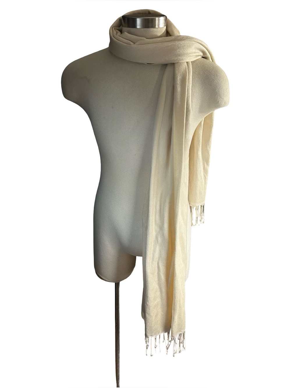 Vtg Halston Cream Silk Cashmere Oversized Fringe Blanket Wrap Pashmina Scarf